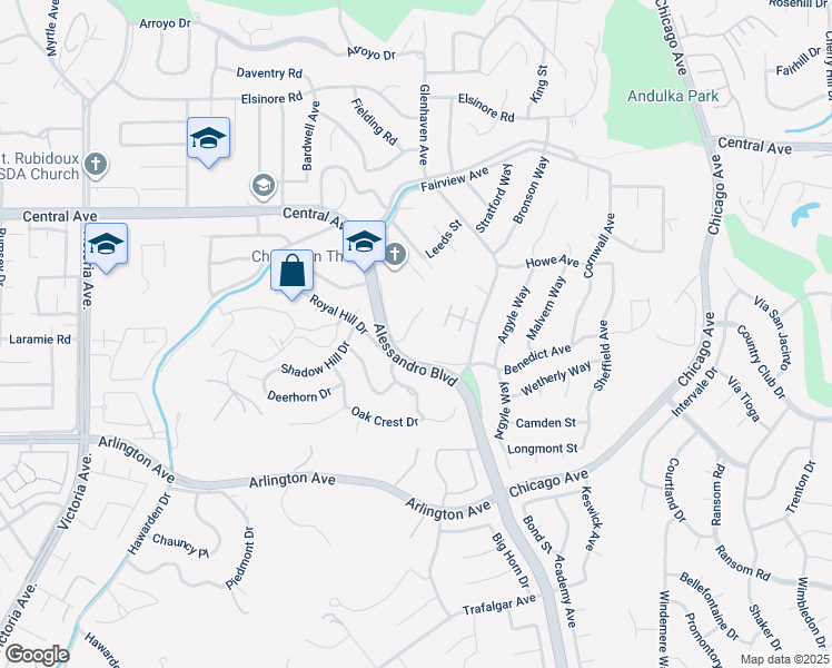 map of restaurants, bars, coffee shops, grocery stores, and more near Crystal Ridge Court in Riverside