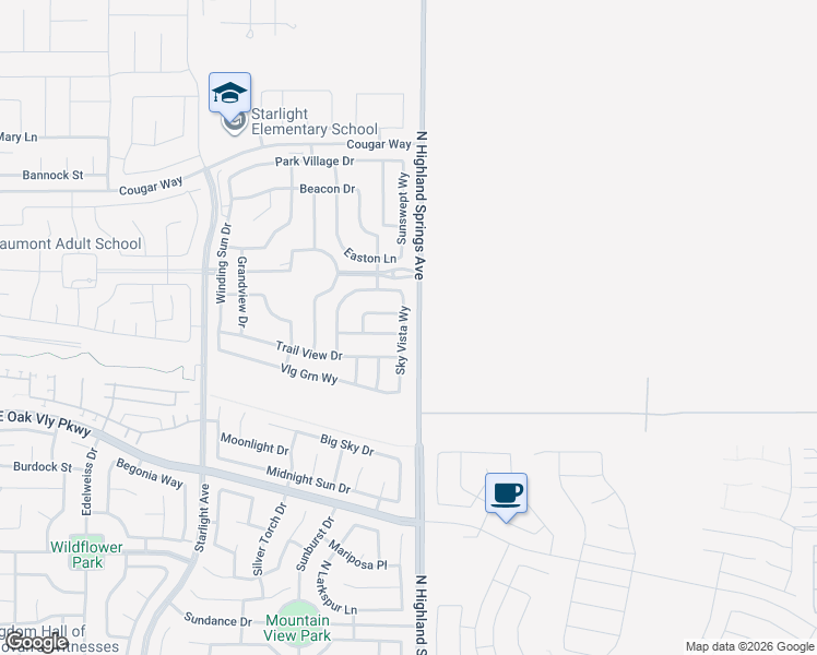 map of restaurants, bars, coffee shops, grocery stores, and more near 1532 Sky Vista Way in Beaumont