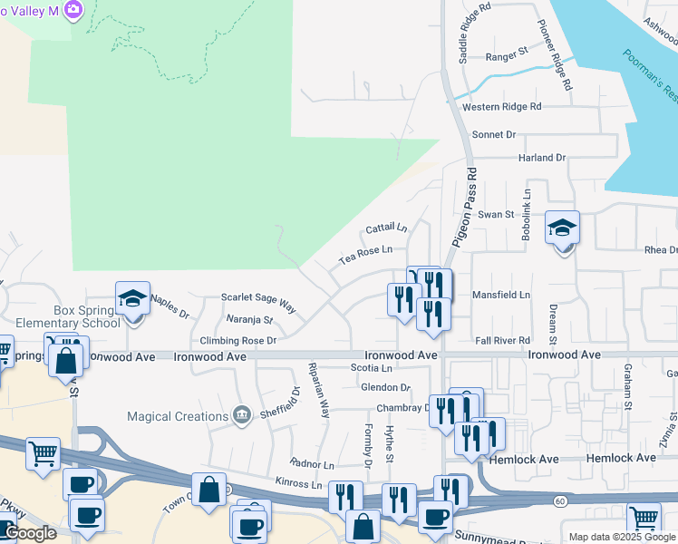 map of restaurants, bars, coffee shops, grocery stores, and more near 22731 Tea Rose Lane in Moreno Valley