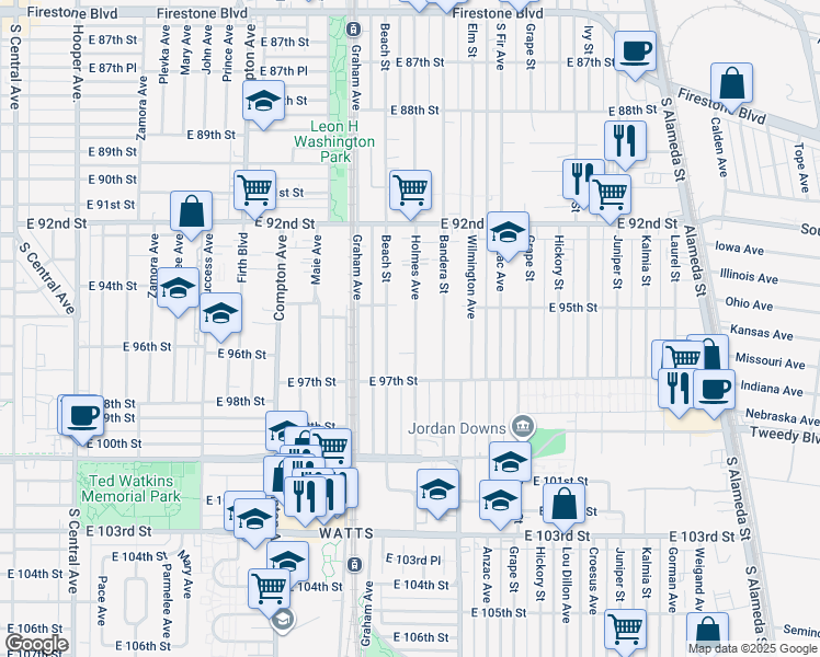 map of restaurants, bars, coffee shops, grocery stores, and more near 9525 Holmes Avenue in Los Angeles
