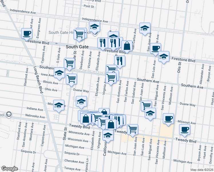 map of restaurants, bars, coffee shops, grocery stores, and more near 9316 Virginia Avenue in South Gate