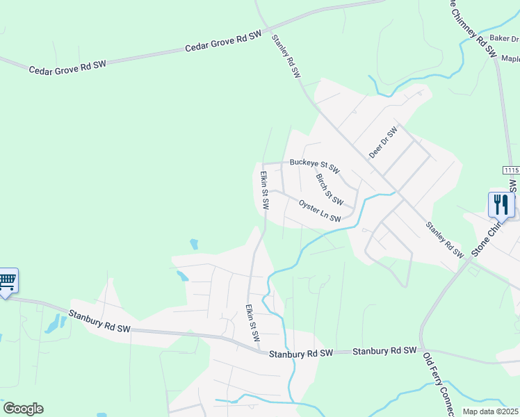 map of restaurants, bars, coffee shops, grocery stores, and more near 2366 Elkin Street Southwest in Supply