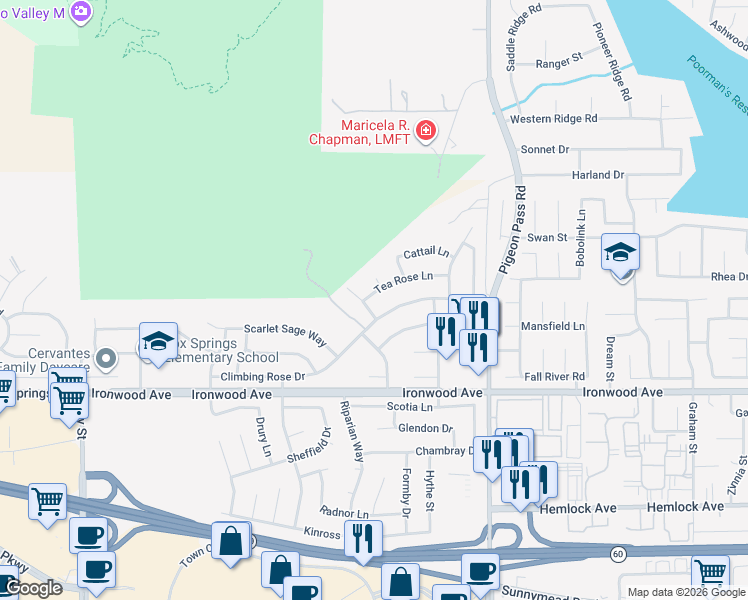 map of restaurants, bars, coffee shops, grocery stores, and more near 22731 Tea Rose Lane in Moreno Valley