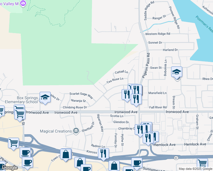 map of restaurants, bars, coffee shops, grocery stores, and more near 22731 Tea Rose Lane in Moreno Valley