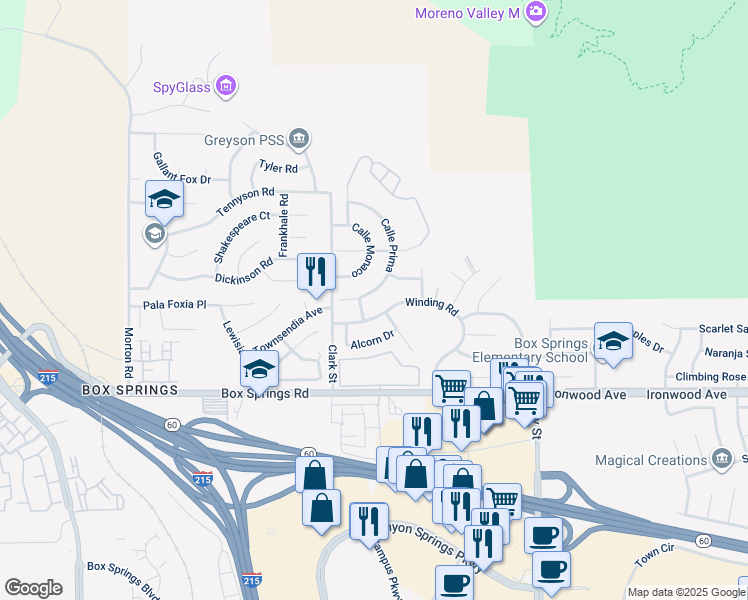 map of restaurants, bars, coffee shops, grocery stores, and more near 21631 Calle Prima in Moreno Valley