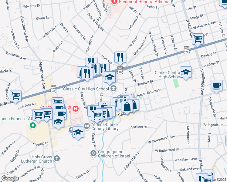 map of restaurants, bars, coffee shops, grocery stores, and more near 440 Dearing Extension in Athens