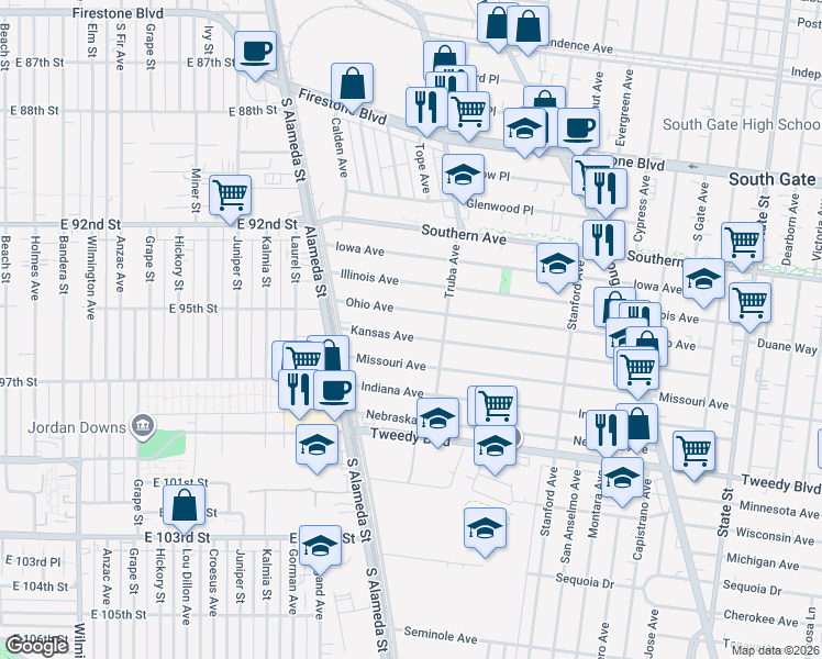 map of restaurants, bars, coffee shops, grocery stores, and more near 2549 Kansas Avenue in South Gate