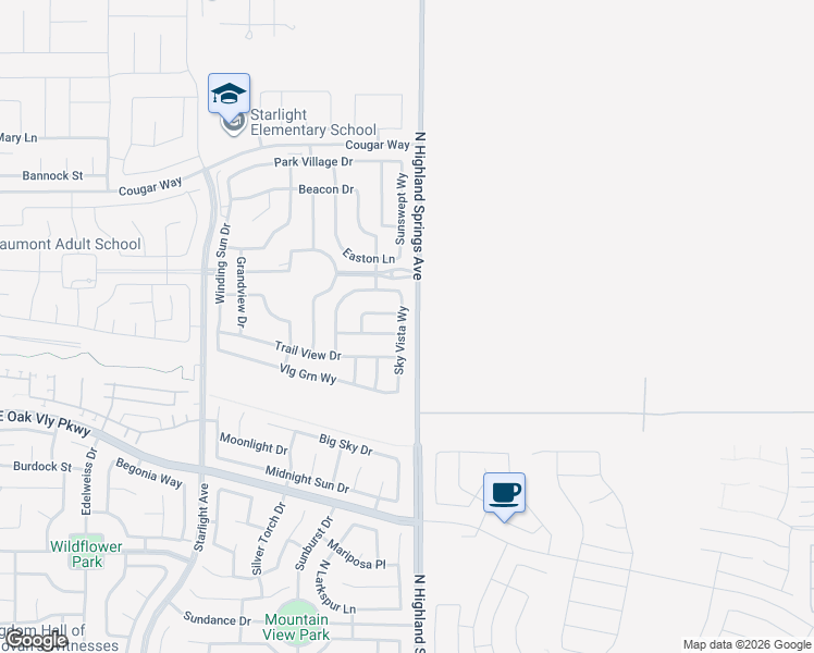 map of restaurants, bars, coffee shops, grocery stores, and more near 1532 Sky Vista Way in Beaumont