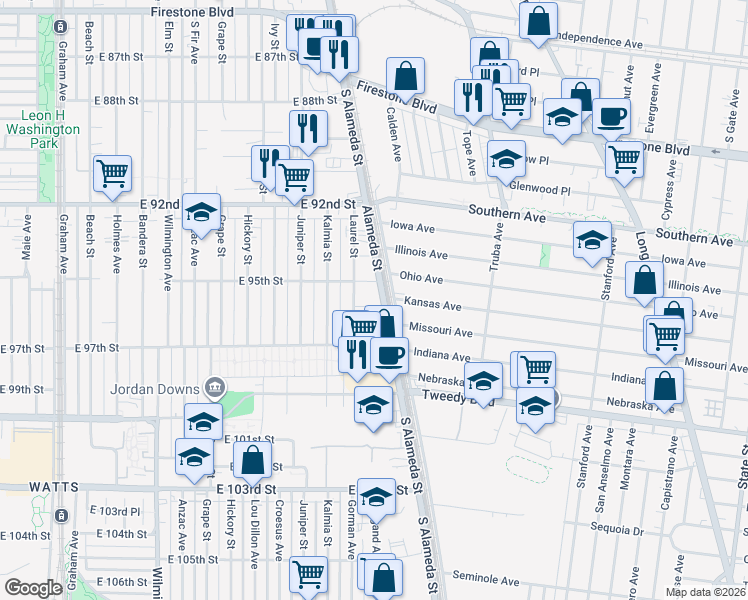 map of restaurants, bars, coffee shops, grocery stores, and more near 9523 South Alameda Street in Los Angeles