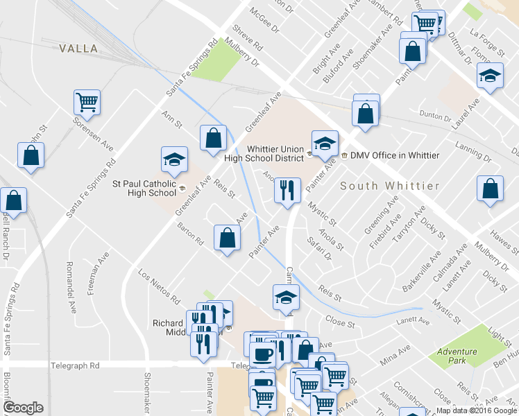 map of restaurants, bars, coffee shops, grocery stores, and more near 13132 Racimo Drive in Whittier
