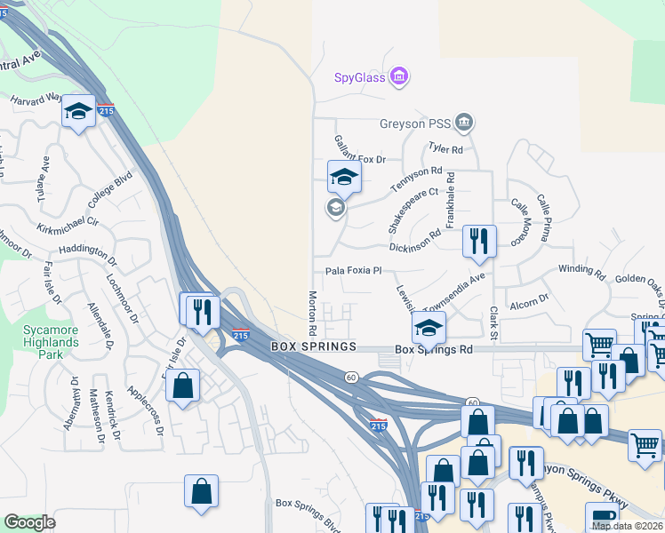 map of restaurants, bars, coffee shops, grocery stores, and more near 21060 Pala Foxia Place in Moreno Valley