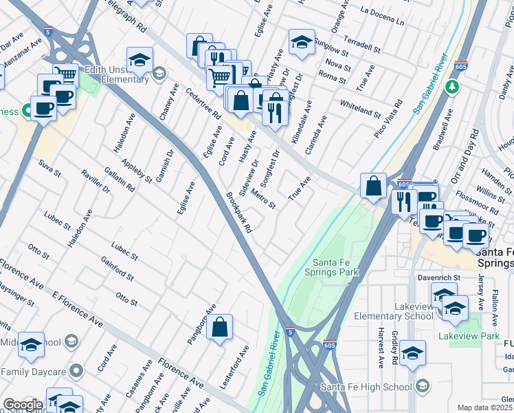 map of restaurants, bars, coffee shops, grocery stores, and more near 9309 Songfest Drive in Downey