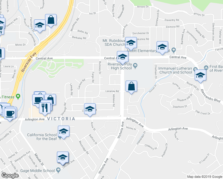 map of restaurants, bars, coffee shops, grocery stores, and more near 2765 Laramie Road in Riverside