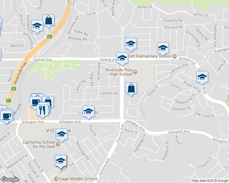 map of restaurants, bars, coffee shops, grocery stores, and more near 5610 Abilene Road in Riverside