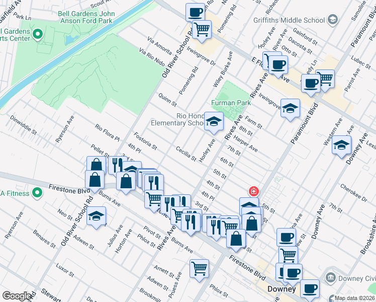 map of restaurants, bars, coffee shops, grocery stores, and more near 7640 Cecilia Street in Downey