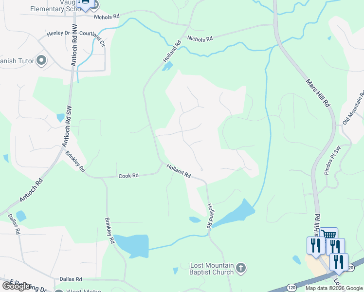 map of restaurants, bars, coffee shops, grocery stores, and more near 158 Catesby Road in Powder Springs