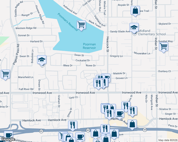map of restaurants, bars, coffee shops, grocery stores, and more near 23820 Ironwood Avenue in Moreno Valley