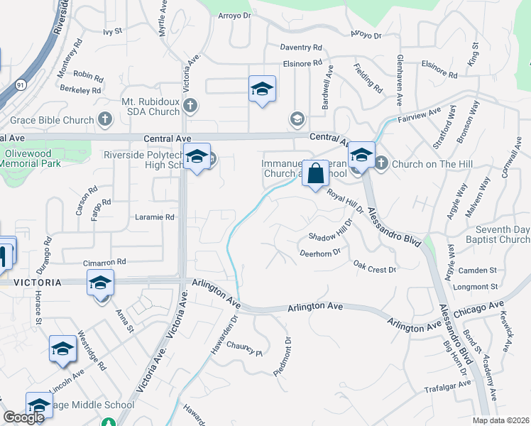 map of restaurants, bars, coffee shops, grocery stores, and more near 2475 Sunset Drive in Riverside