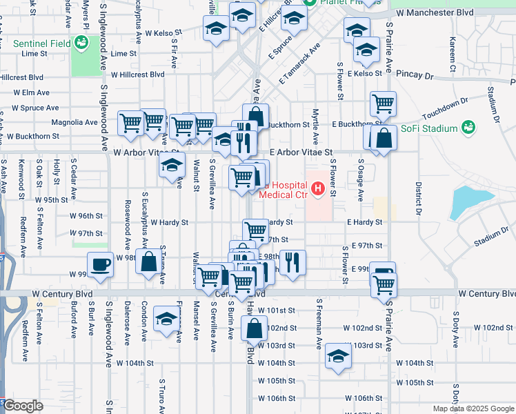 map of restaurants, bars, coffee shops, grocery stores, and more near 1043 Larch Street in Inglewood