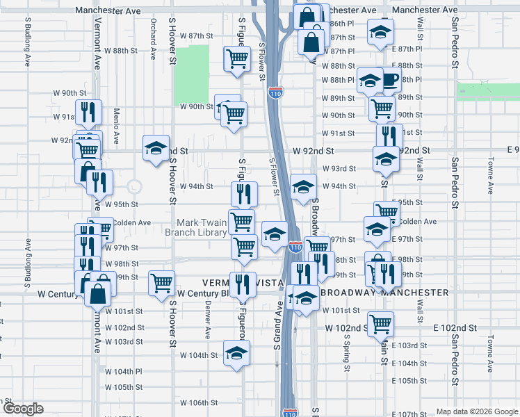 map of restaurants, bars, coffee shops, grocery stores, and more near 424 West 95th Street in Los Angeles
