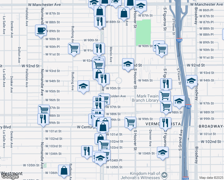 map of restaurants, bars, coffee shops, grocery stores, and more near 824 West 95th Street in Los Angeles