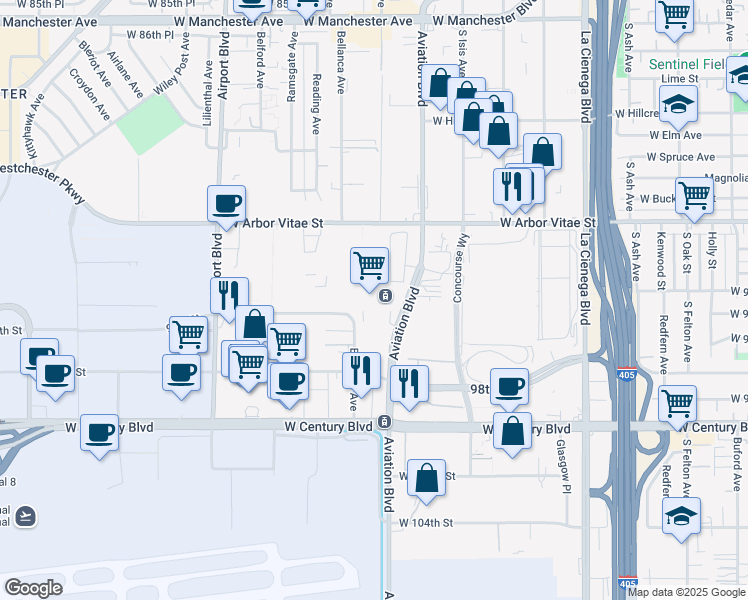 map of restaurants, bars, coffee shops, grocery stores, and more near 9432 Bellanca Ave in Los Angeles