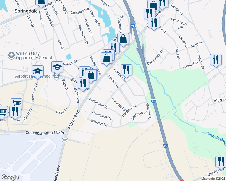 map of restaurants, bars, coffee shops, grocery stores, and more near 2207 Londonderry Lane in Cayce