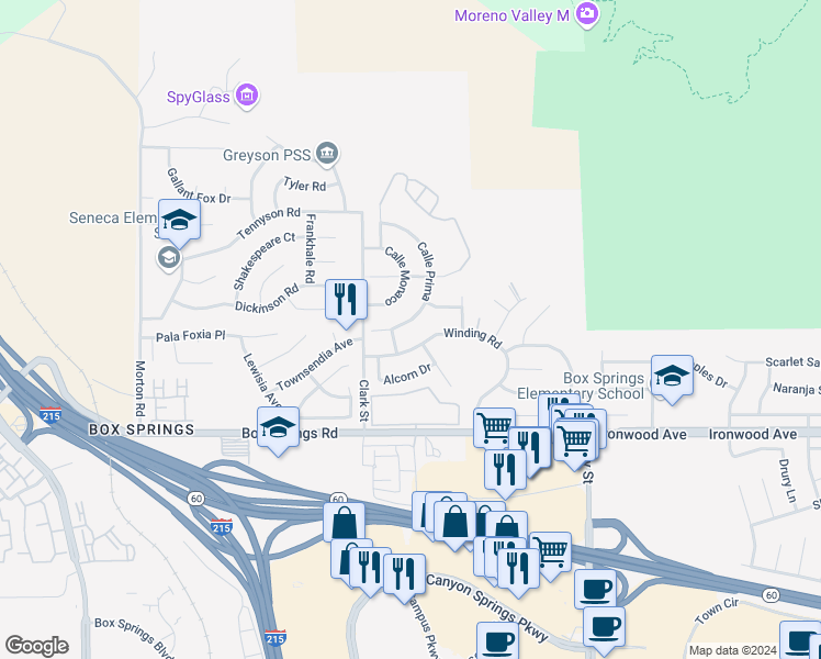 map of restaurants, bars, coffee shops, grocery stores, and more near 21631 Calle Prima in Moreno Valley