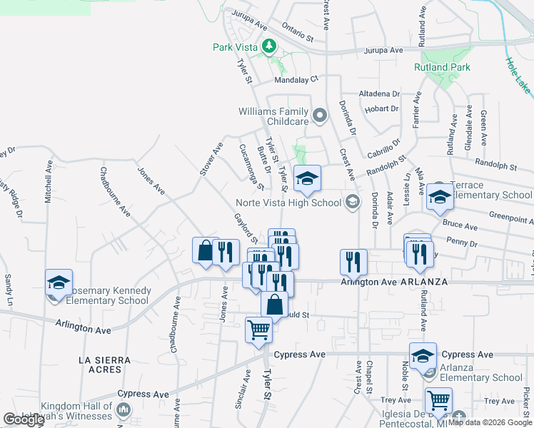 map of restaurants, bars, coffee shops, grocery stores, and more near 6606 Butte Drive in Riverside