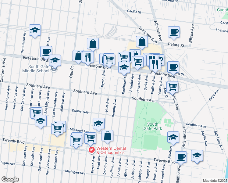 map of restaurants, bars, coffee shops, grocery stores, and more near 9206 Hunt Avenue in South Gate
