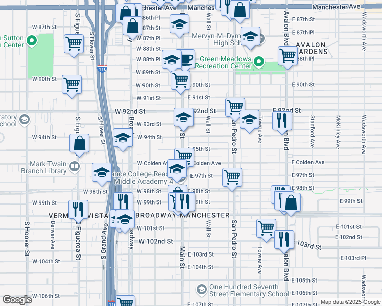 map of restaurants, bars, coffee shops, grocery stores, and more near 9518 South Main Street in Los Angeles