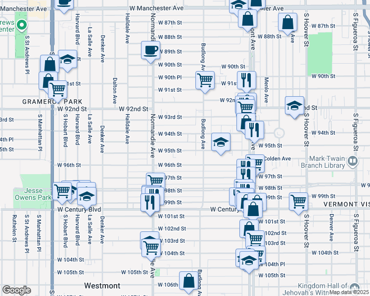 map of restaurants, bars, coffee shops, grocery stores, and more near 1240 West 95th Street in Los Angeles