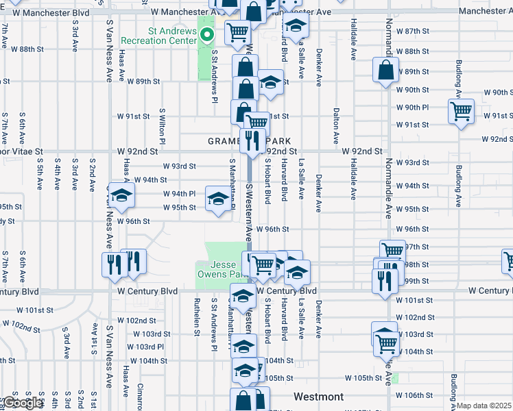 map of restaurants, bars, coffee shops, grocery stores, and more near 9451 South Hobart Boulevard in Los Angeles