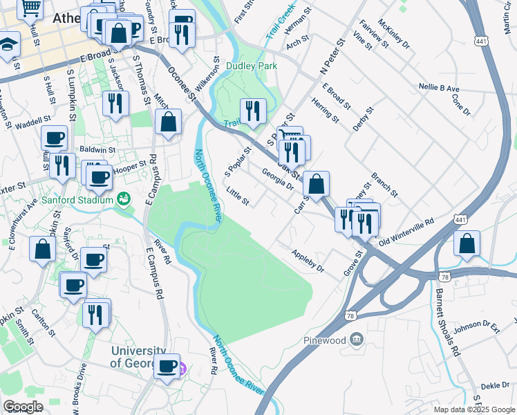 map of restaurants, bars, coffee shops, grocery stores, and more near 250 Little Street in Athens