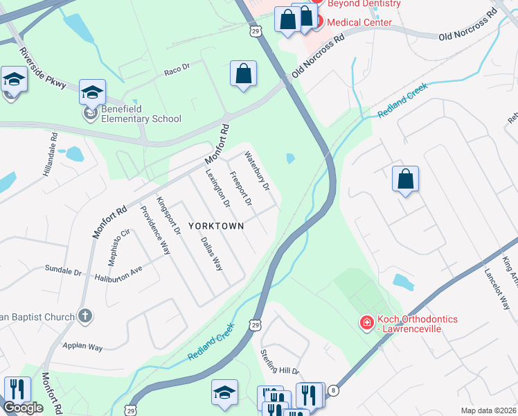 map of restaurants, bars, coffee shops, grocery stores, and more near 351 Freeport Drive in Lawrenceville
