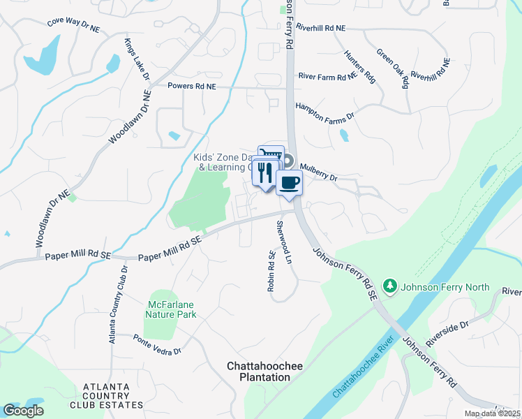 map of restaurants, bars, coffee shops, grocery stores, and more near 200 Village Parkway Northeast in Marietta