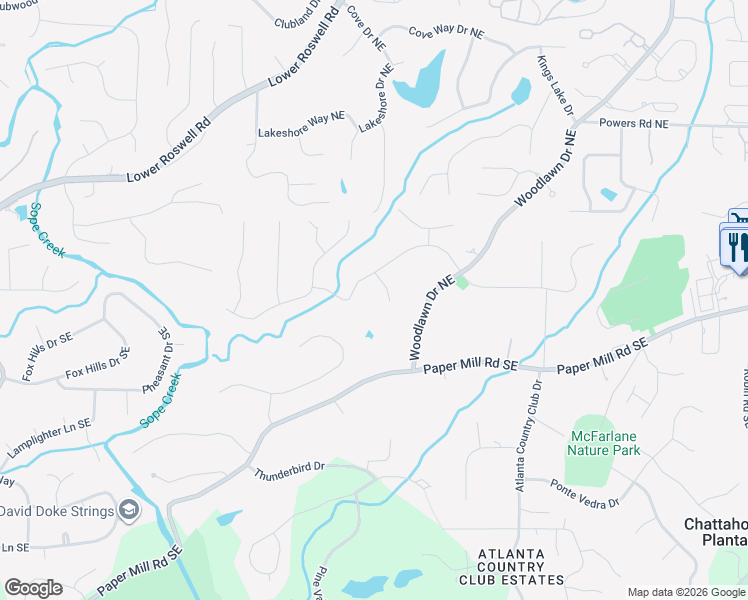 map of restaurants, bars, coffee shops, grocery stores, and more near 36 West Blackland Court Northeast in Marietta
