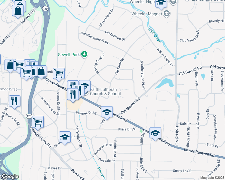 map of restaurants, bars, coffee shops, grocery stores, and more near 15 Old Farm Road in Marietta