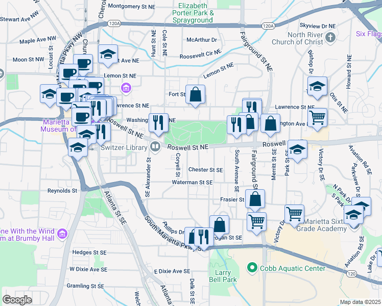 map of restaurants, bars, coffee shops, grocery stores, and more near 380 Roswell Street Northeast in Marietta