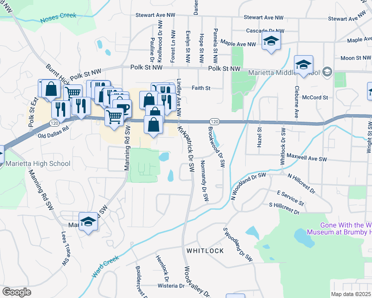 map of restaurants, bars, coffee shops, grocery stores, and more near 123 Patrick Way in Marietta
