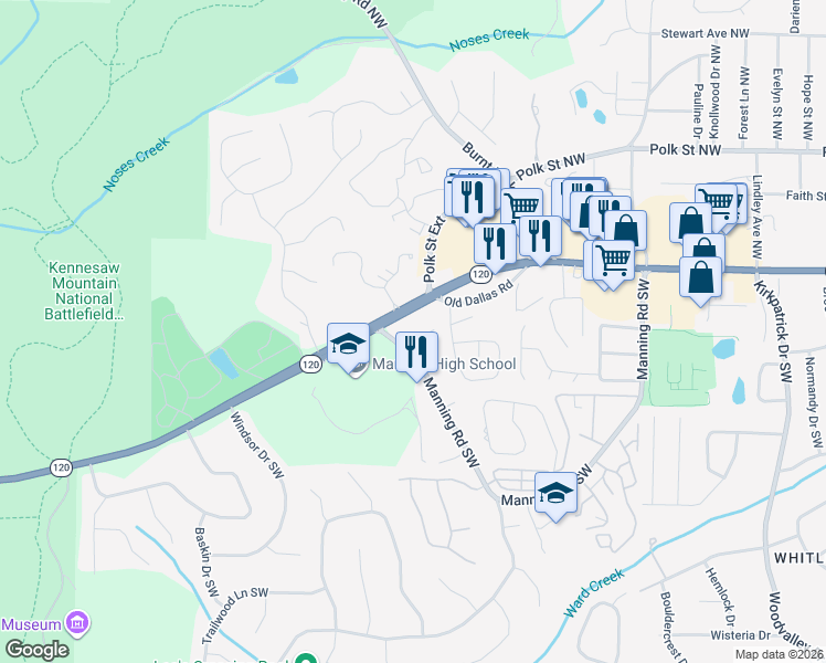 map of restaurants, bars, coffee shops, grocery stores, and more near 161 Brighton Court Southwest in Marietta