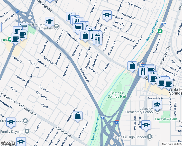 map of restaurants, bars, coffee shops, grocery stores, and more near 9309 Songfest Drive in Downey