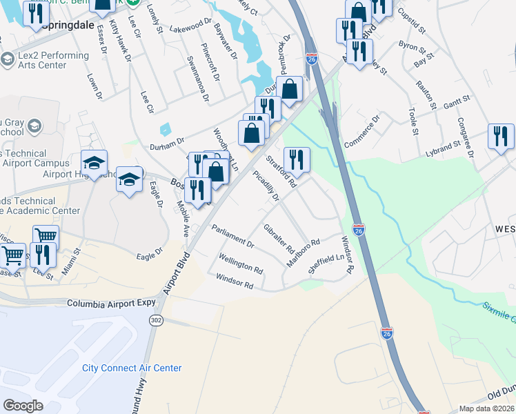 map of restaurants, bars, coffee shops, grocery stores, and more near 11 Londonderry Square in Cayce