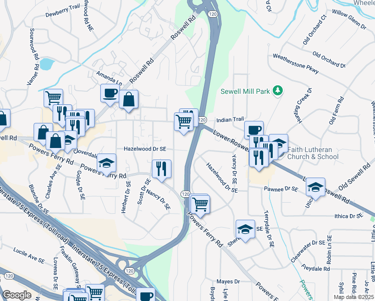 map of restaurants, bars, coffee shops, grocery stores, and more near Hazelwood Drive Southeast in Marietta
