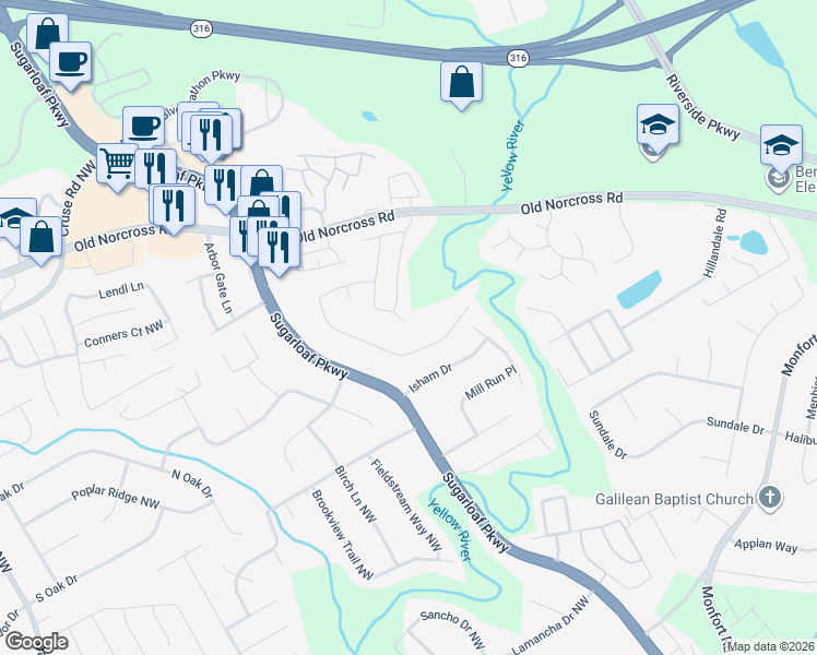 map of restaurants, bars, coffee shops, grocery stores, and more near 582 Riverlanding Drive in Lawrenceville