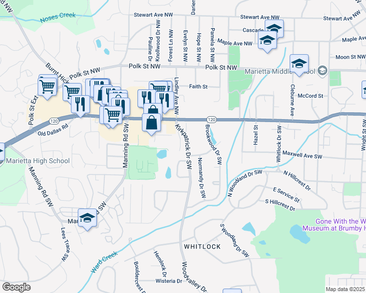 map of restaurants, bars, coffee shops, grocery stores, and more near 123 Patrick Way in Marietta