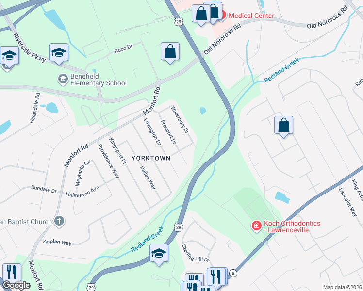 map of restaurants, bars, coffee shops, grocery stores, and more near 341 Freeport Drive in Lawrenceville