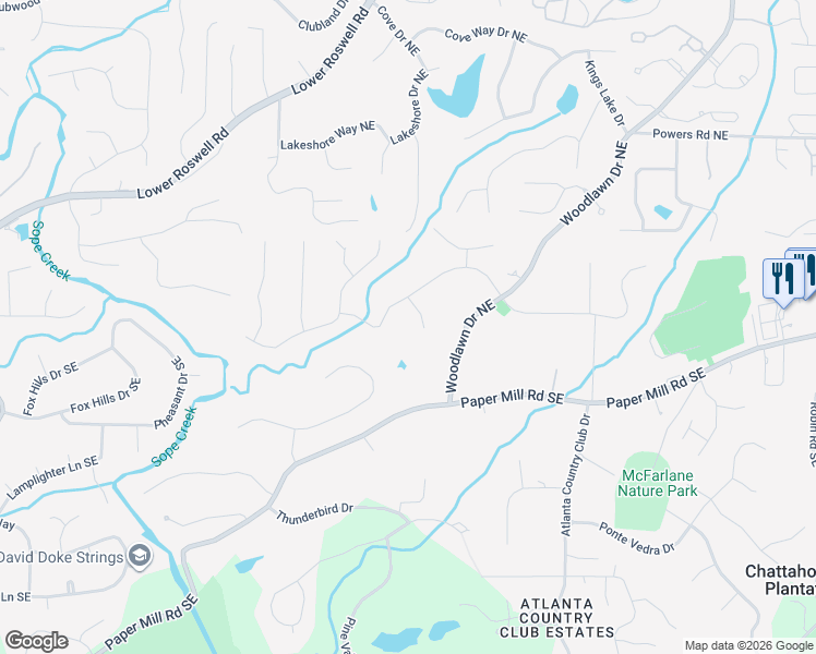 map of restaurants, bars, coffee shops, grocery stores, and more near 36 West Blackland Court Northeast in Marietta