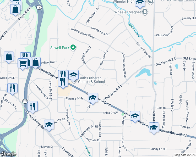 map of restaurants, bars, coffee shops, grocery stores, and more near 15 Old Farm Road in Marietta