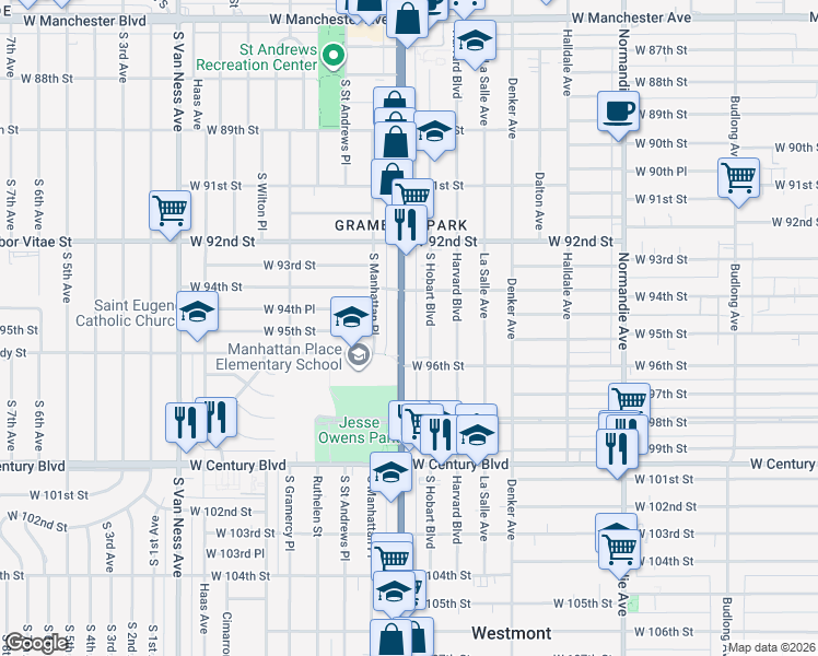 map of restaurants, bars, coffee shops, grocery stores, and more near 9450 South Western Avenue in Los Angeles
